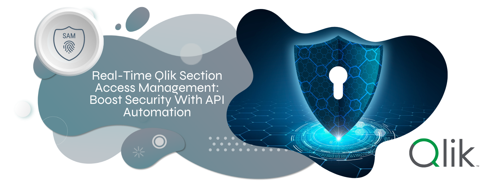 Illustration depicting automated data security management in Qlik, featuring real-time API integration for Section Access, showcasing dynamic data reduction, user access control, and no-code solutions, emphasizing efficiency and scalability in protecting sensitive information.